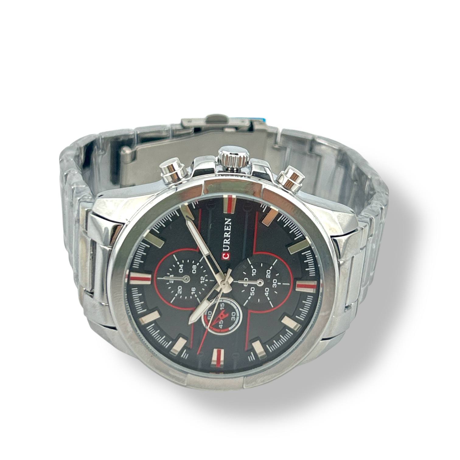 CURREN Chronograph Watch – Silver Stainless Steel with Black & Red Dial