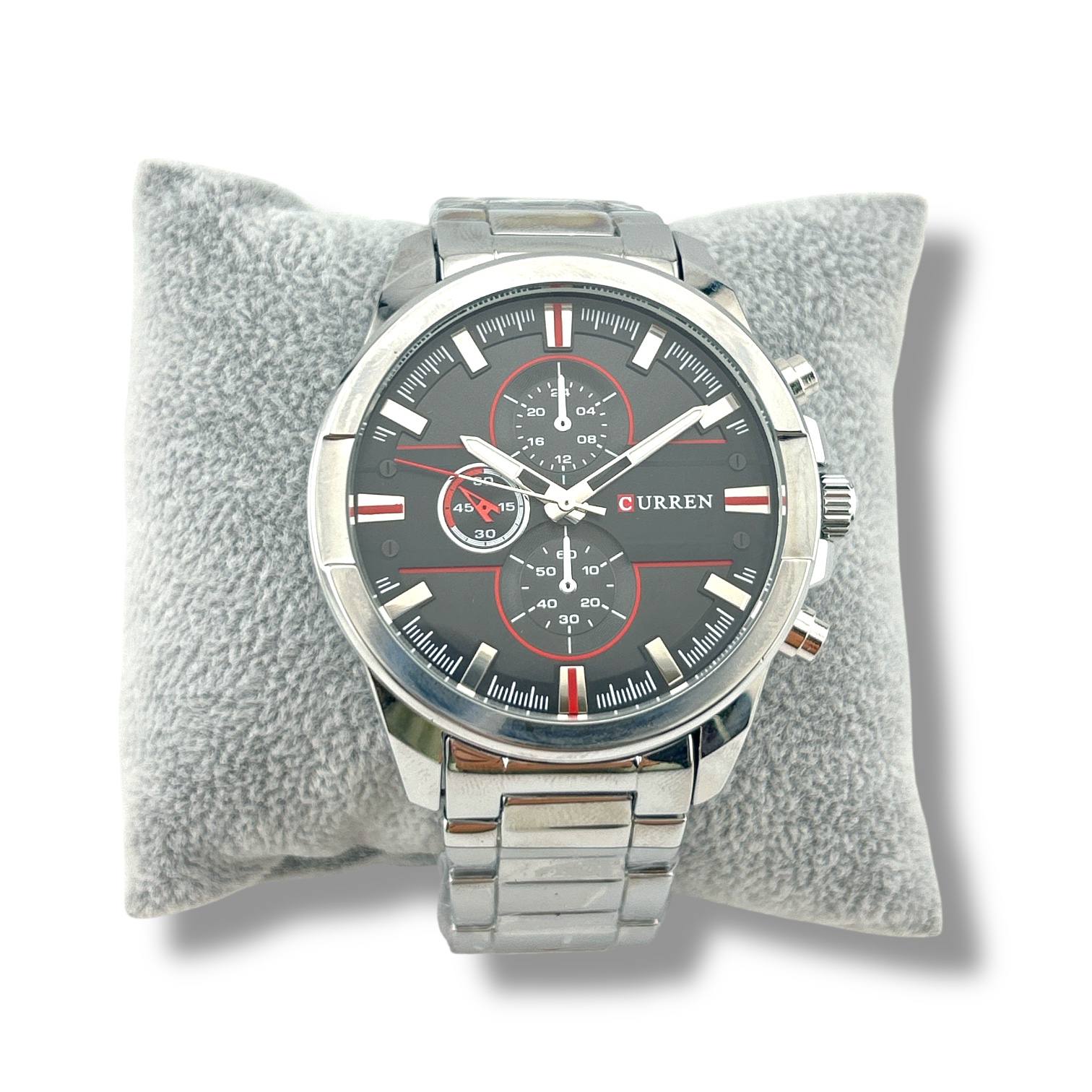 CURREN Chronograph Watch – Silver Stainless Steel with Black & Red Dial