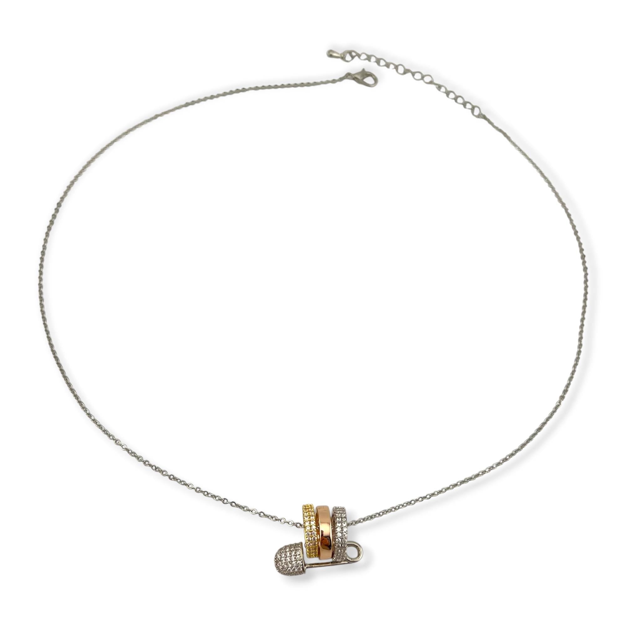 MONACO Necklace - Love, Smile, Bonheur Triple Hoop safety Pin Necklace