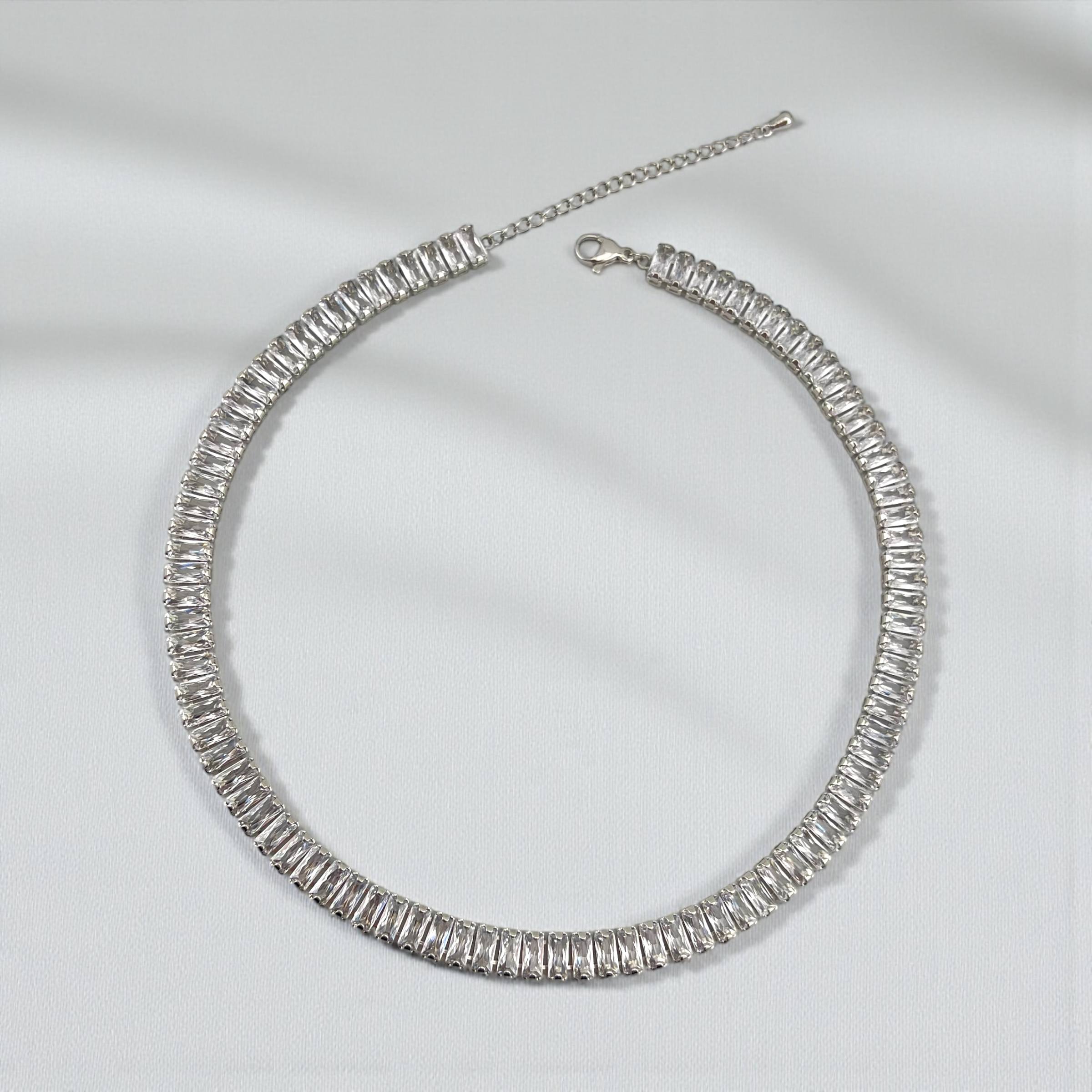 wide Silver Baguette Tennis Necklace š