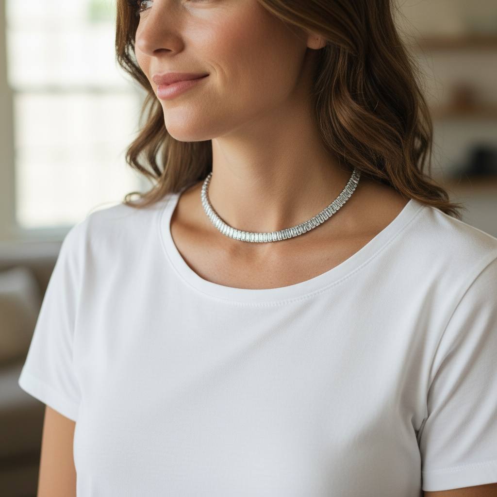 wide Silver Baguette Tennis Necklace š