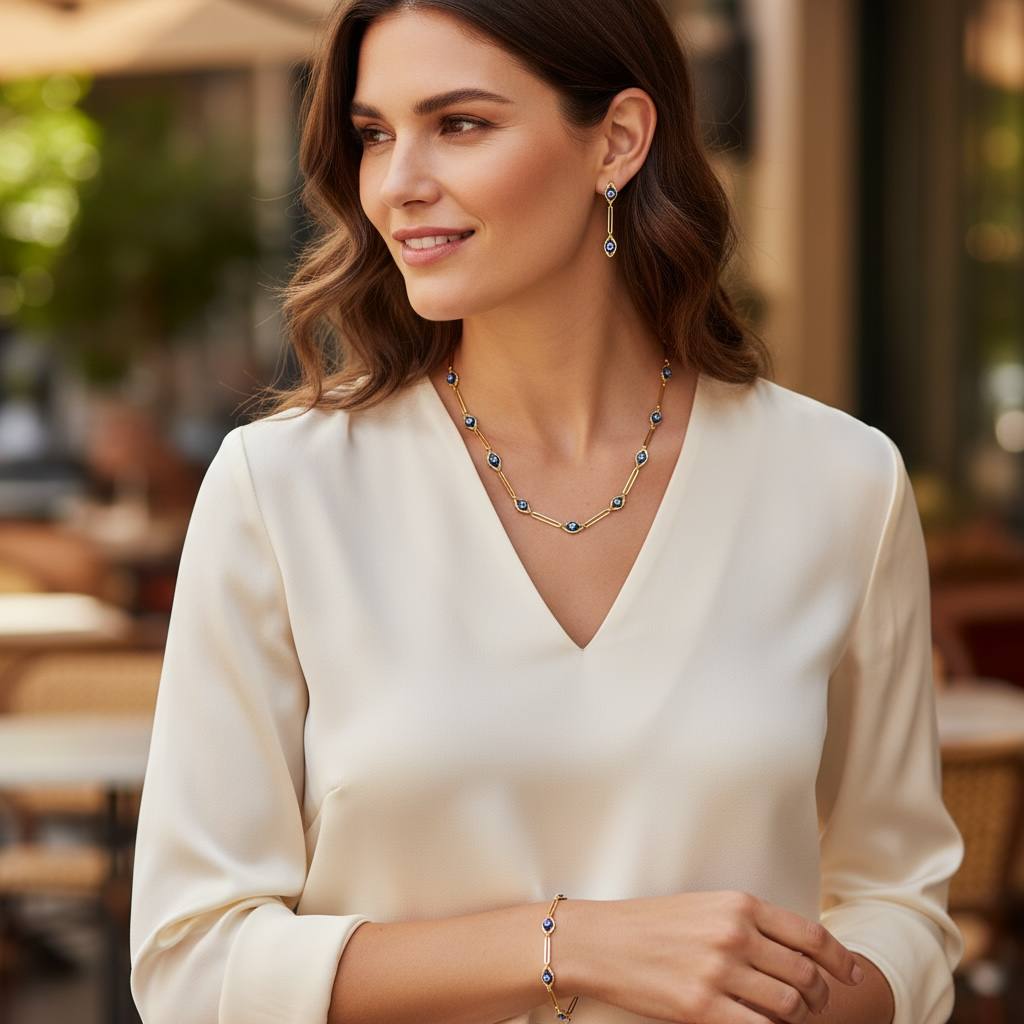 🔵 Blue Evil Eye Charm Set – Necklace, Bracelet & Earrings