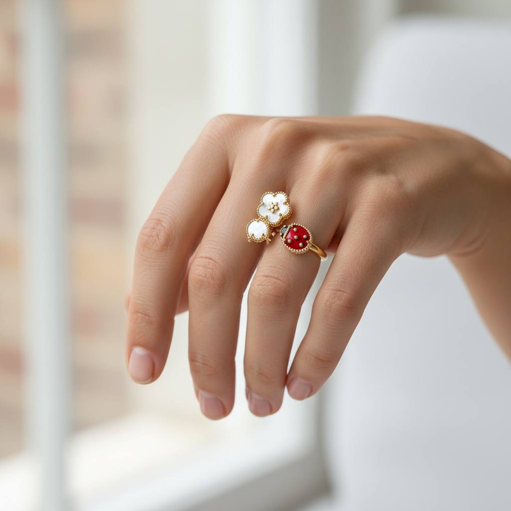 Lucky Bloom Ring – Enamel Ladybug & Mother of Pearl