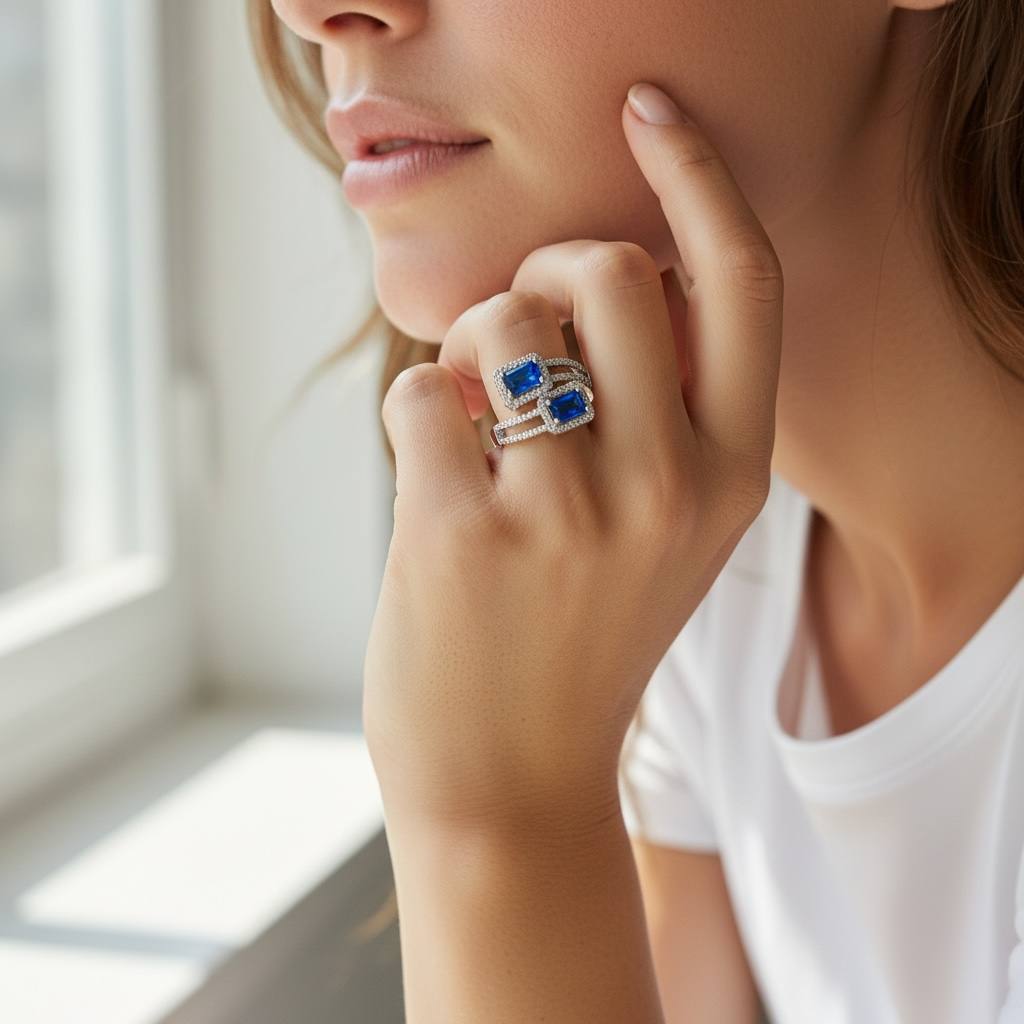 Royal Blue Duo Gem Ring – Silver & Gold