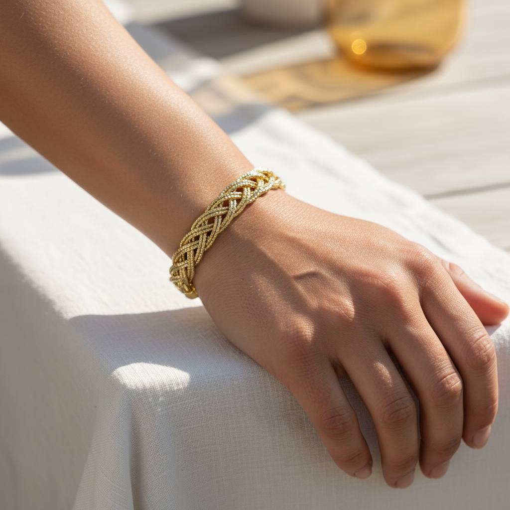 Braided Gold Cuff Bracelet ā Textured Woven Design