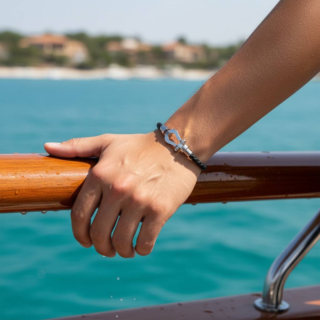 ⚓ Black Clasp Braided Leather Bracelet – Matte Steel Edition