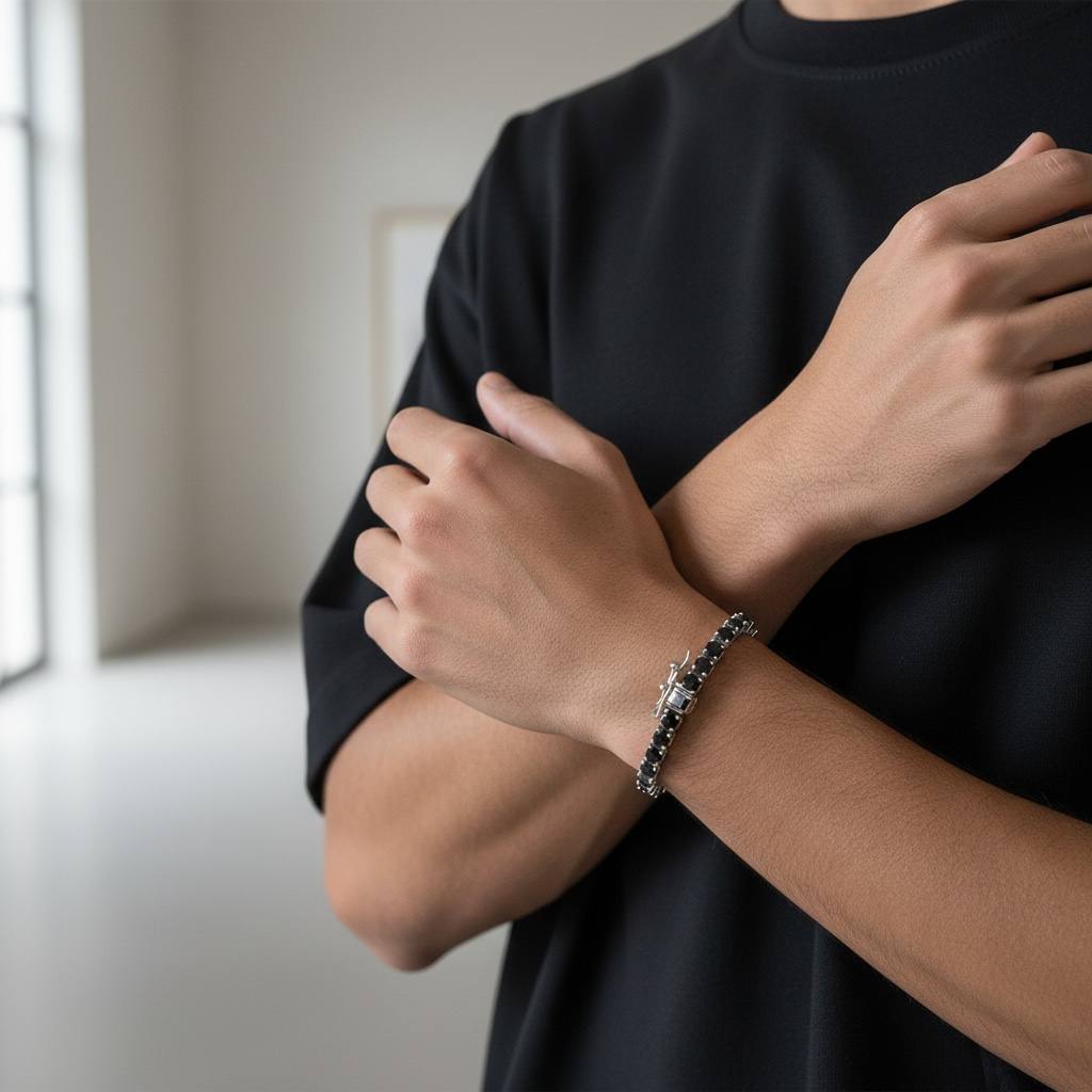 stainless steel Cubic Zirconia black and silver Tennis Bracelet ( 4mm )