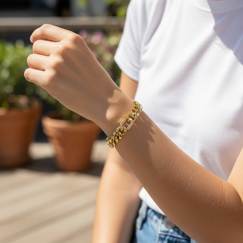 Gold-plated Cuban Link chain Bracelet with Crystal-Accented Links