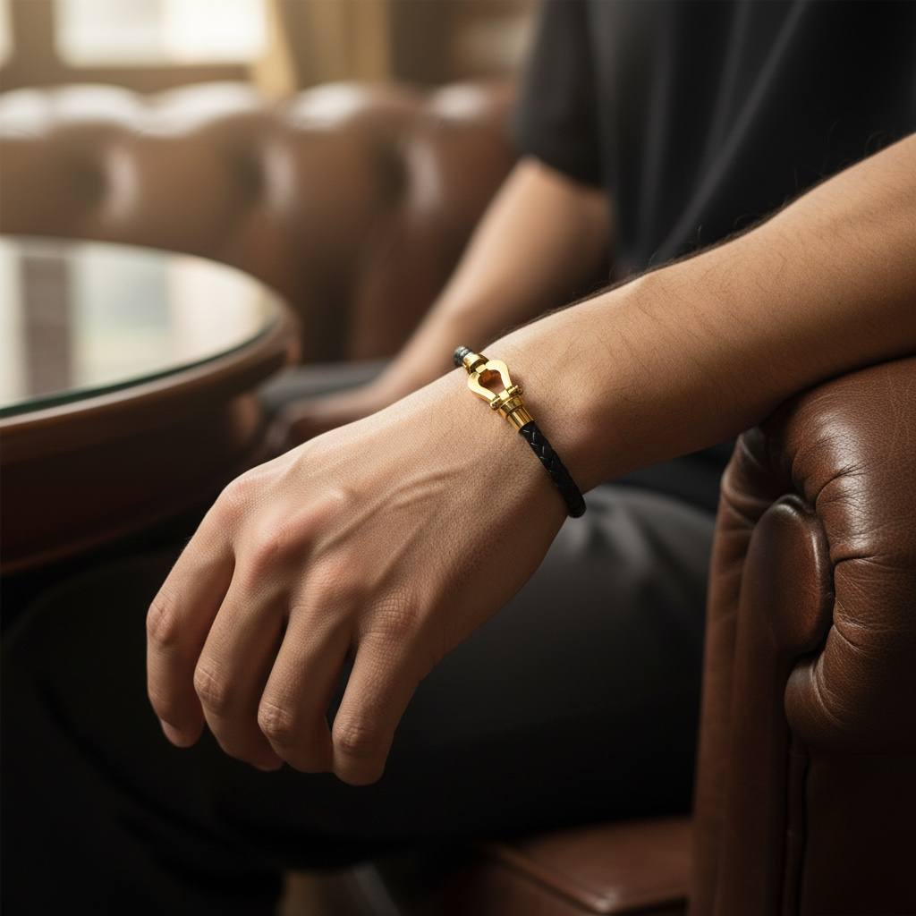 ⚓ Black Clasp Braided Leather Bracelet – Matte Steel Edition