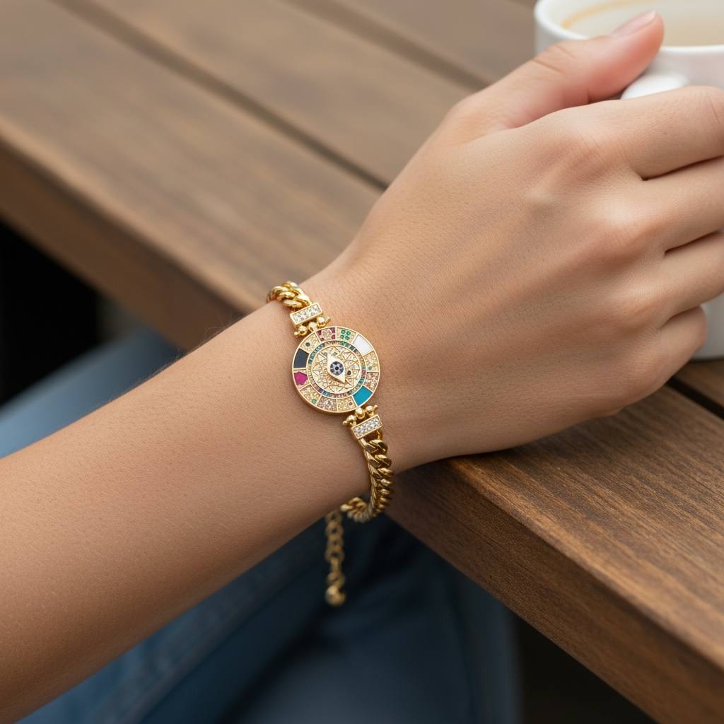 Egyptian eye bracelet– Gold-Plated Evil Eye & Zodiac Medallion