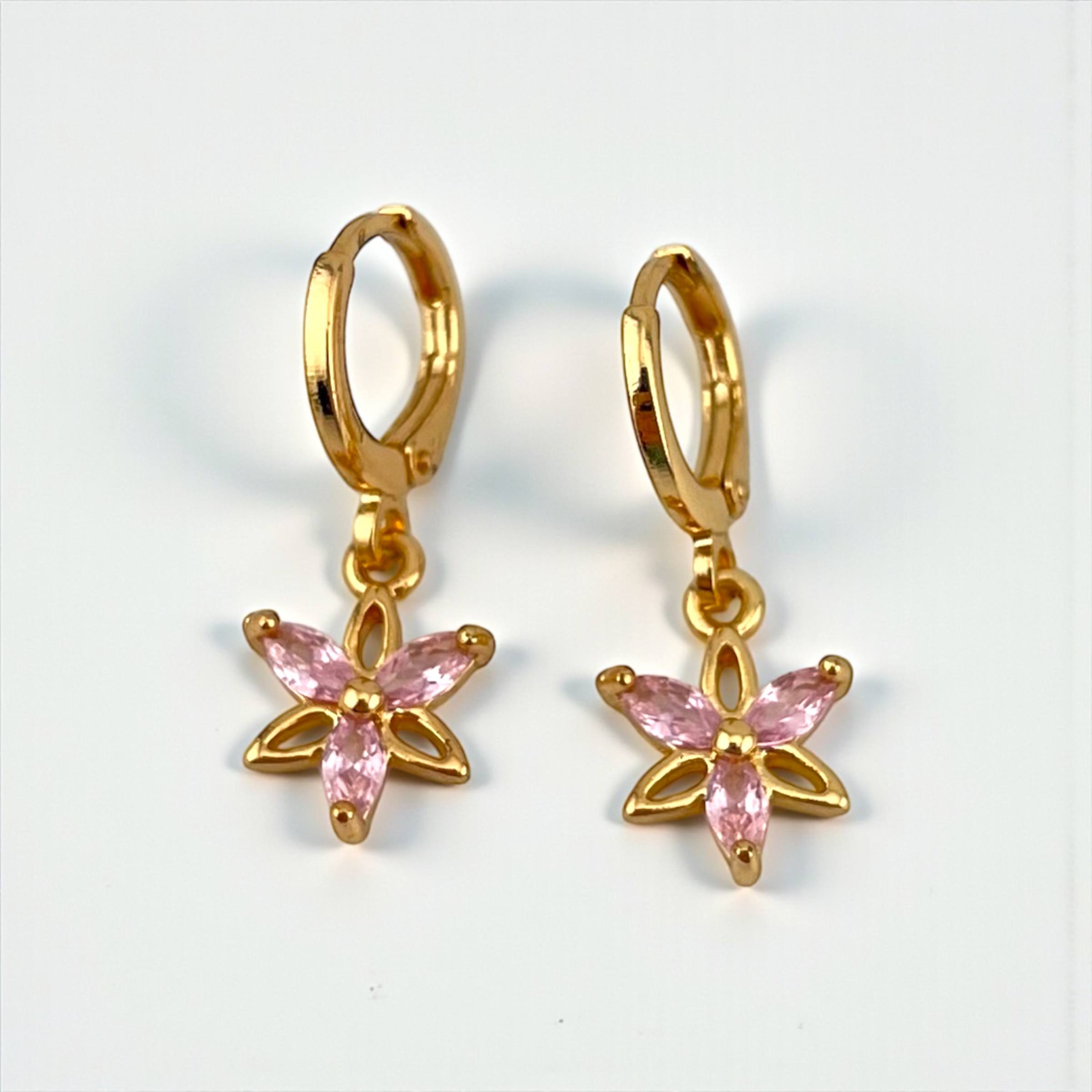 Pink Blossom Drop Hoop Earrings – 18K Gold-Plated ✨