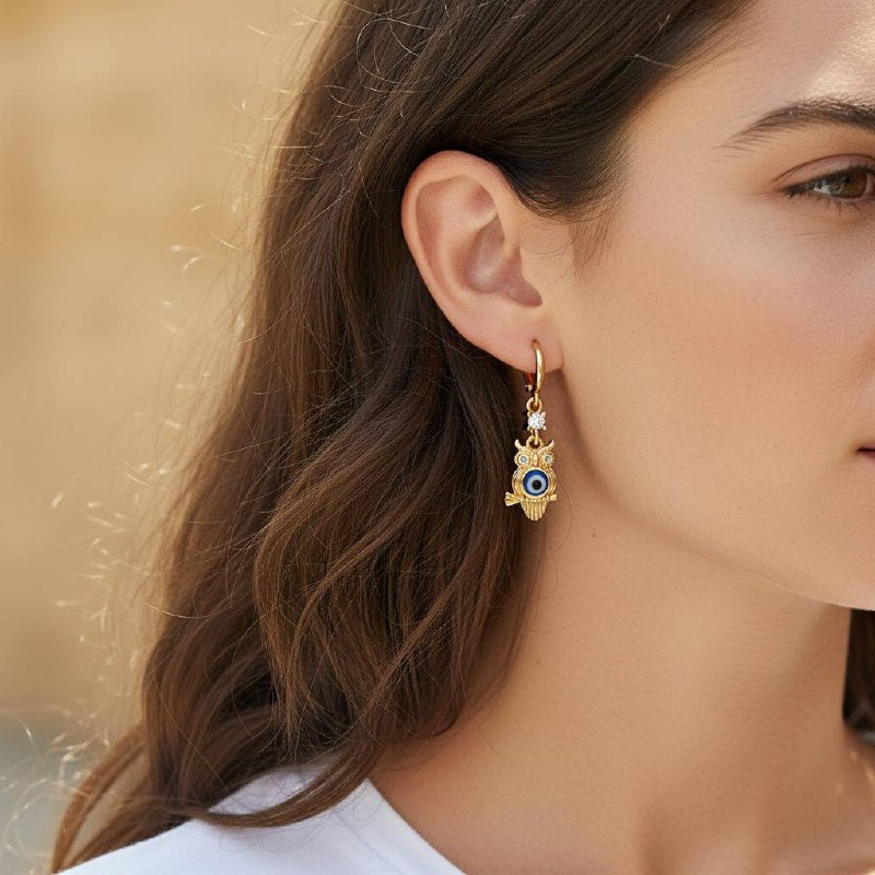 Owl Evil Eye Drop Earrings – 18K Gold-Plated ✨🦉