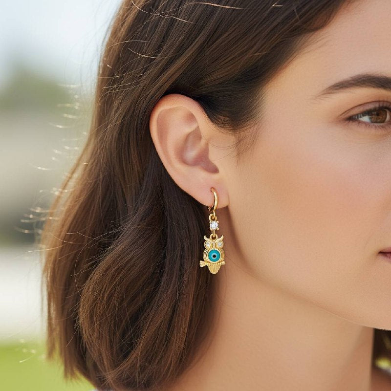 Owl Evil Eye Drop Earrings – 18K Gold-Plated ✨🦉