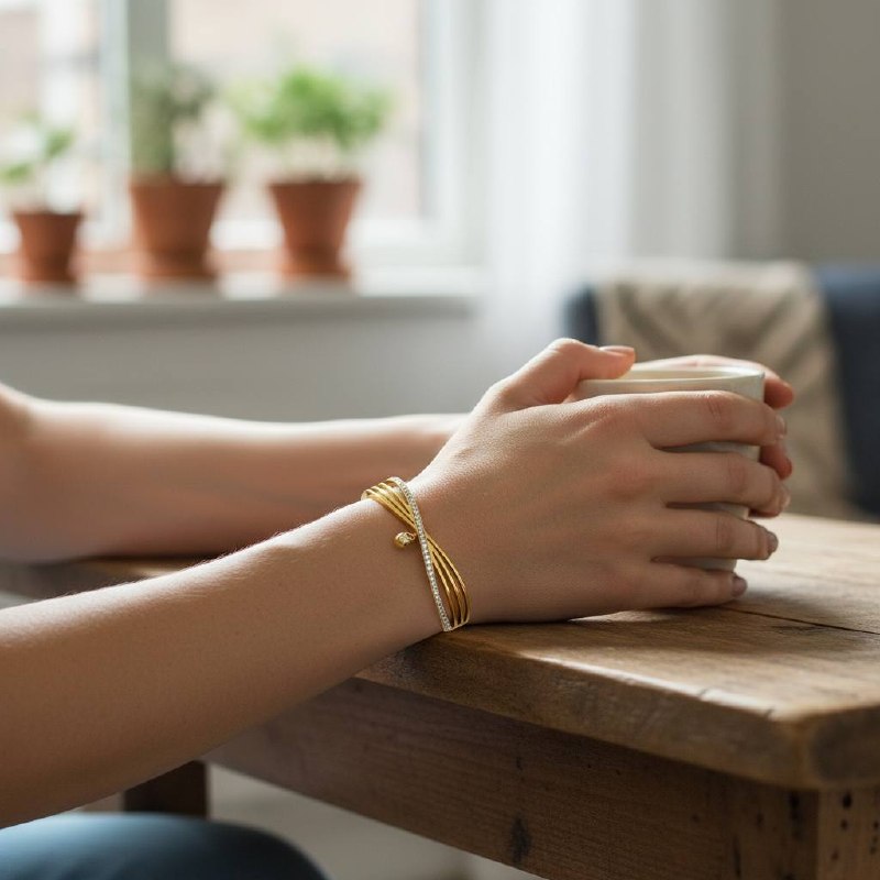 Twist Elegance Bangle with Crystal Charm – Gold & Silver