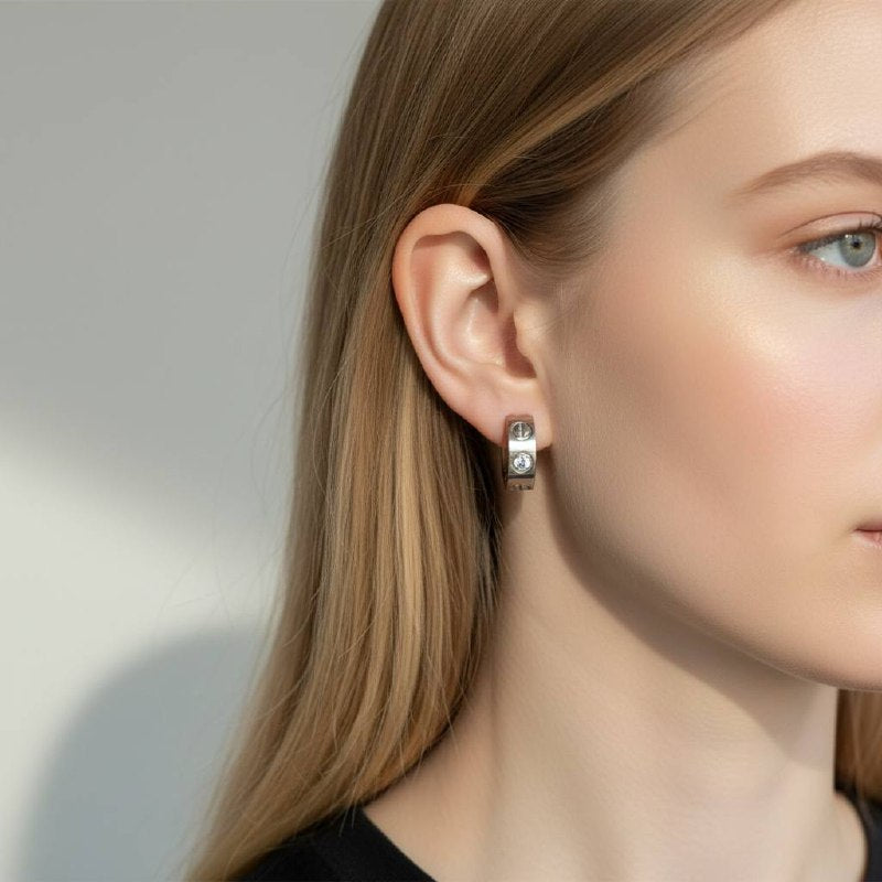 Stainless Steel cartier Silver Screw & Crystal Huggie Earrings – Modern Edge ✨