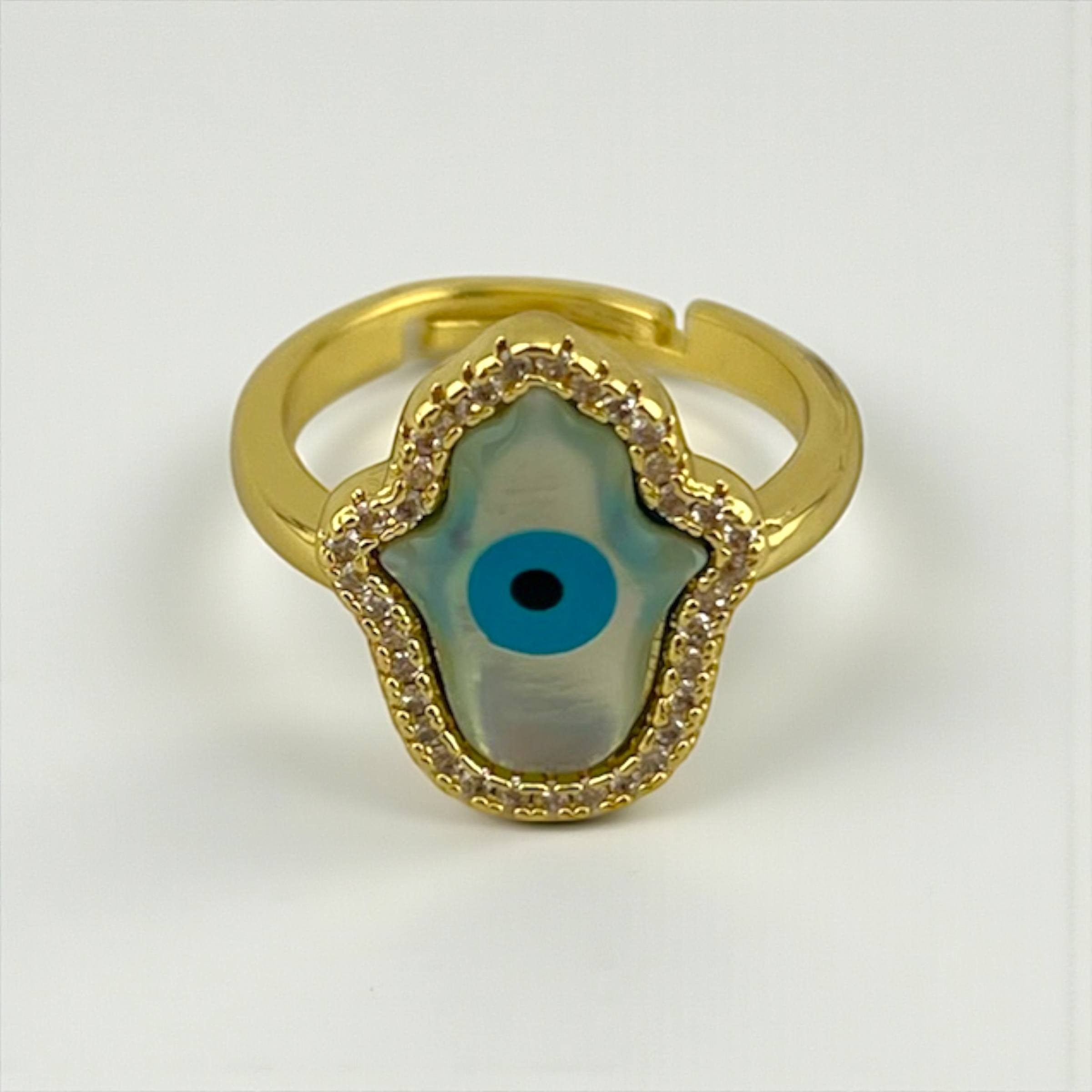 Hamsa Evil Eye Gold Ring – & Mother of Pearl