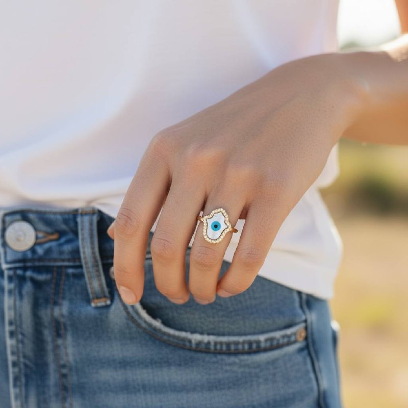 Hamsa Evil Eye Gold Ring – & Mother of Pearl