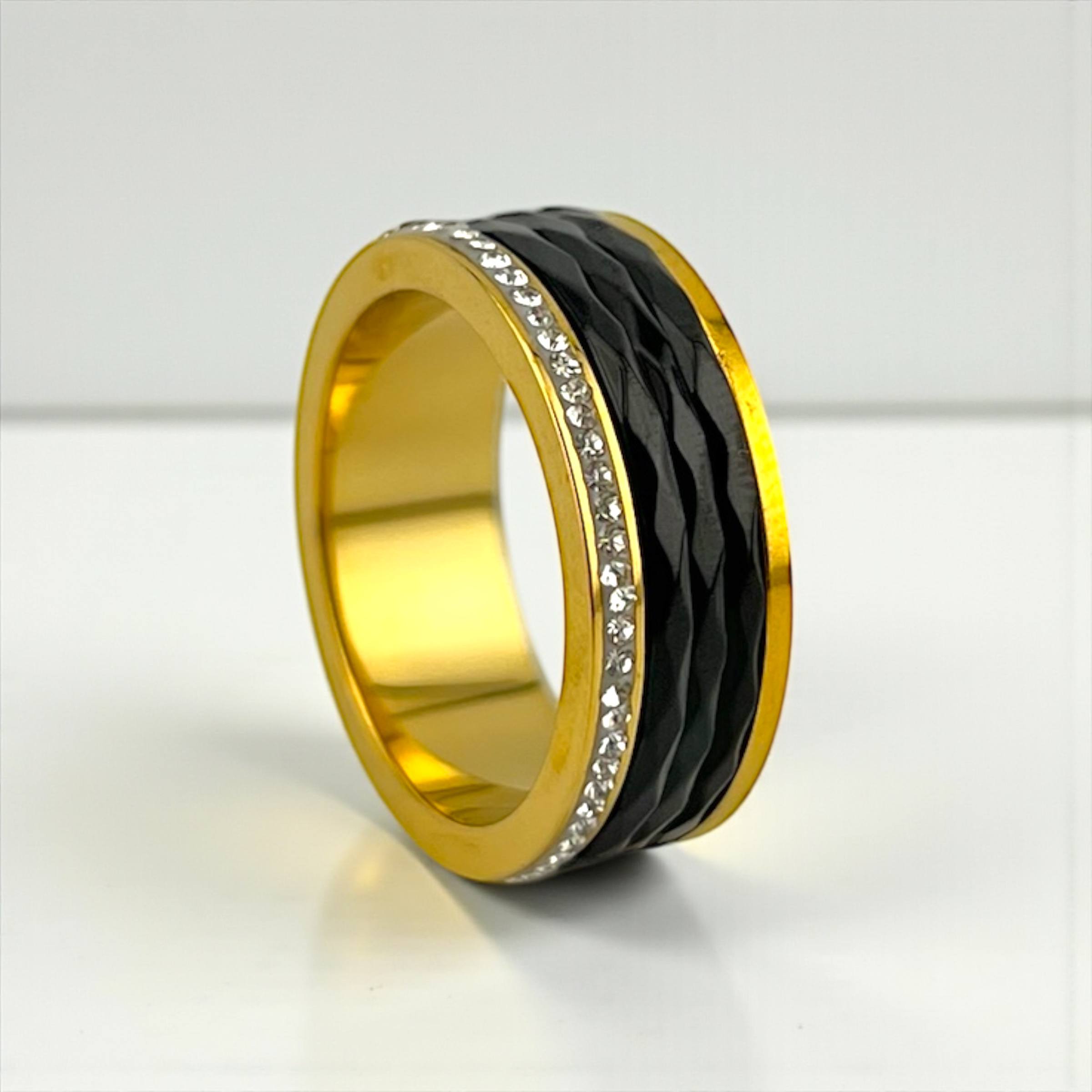 Black Textured Luxe Band Ring (Gold Finish)