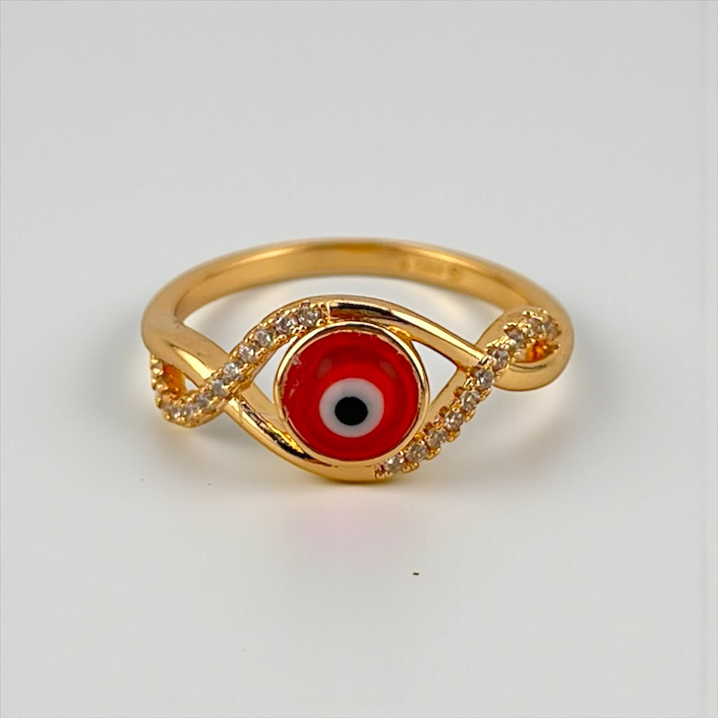 🔴 Gold Twisted Evil Eye Ring – Red