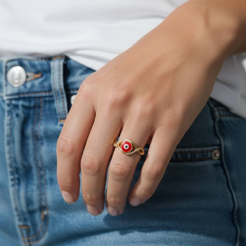 🔴 Gold Twisted Evil Eye Ring – Red