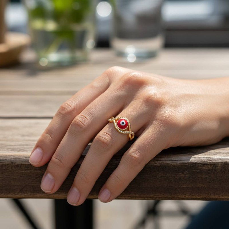 🔴 Gold Twisted Evil Eye Ring – Red