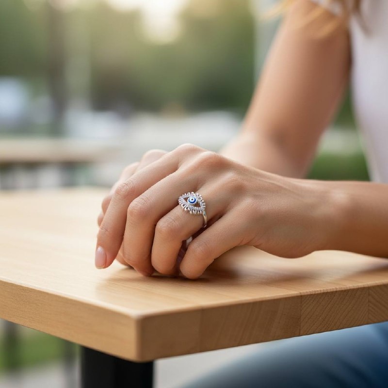👁 Silver Sparkle Evil Eye Ring – Dark Blue