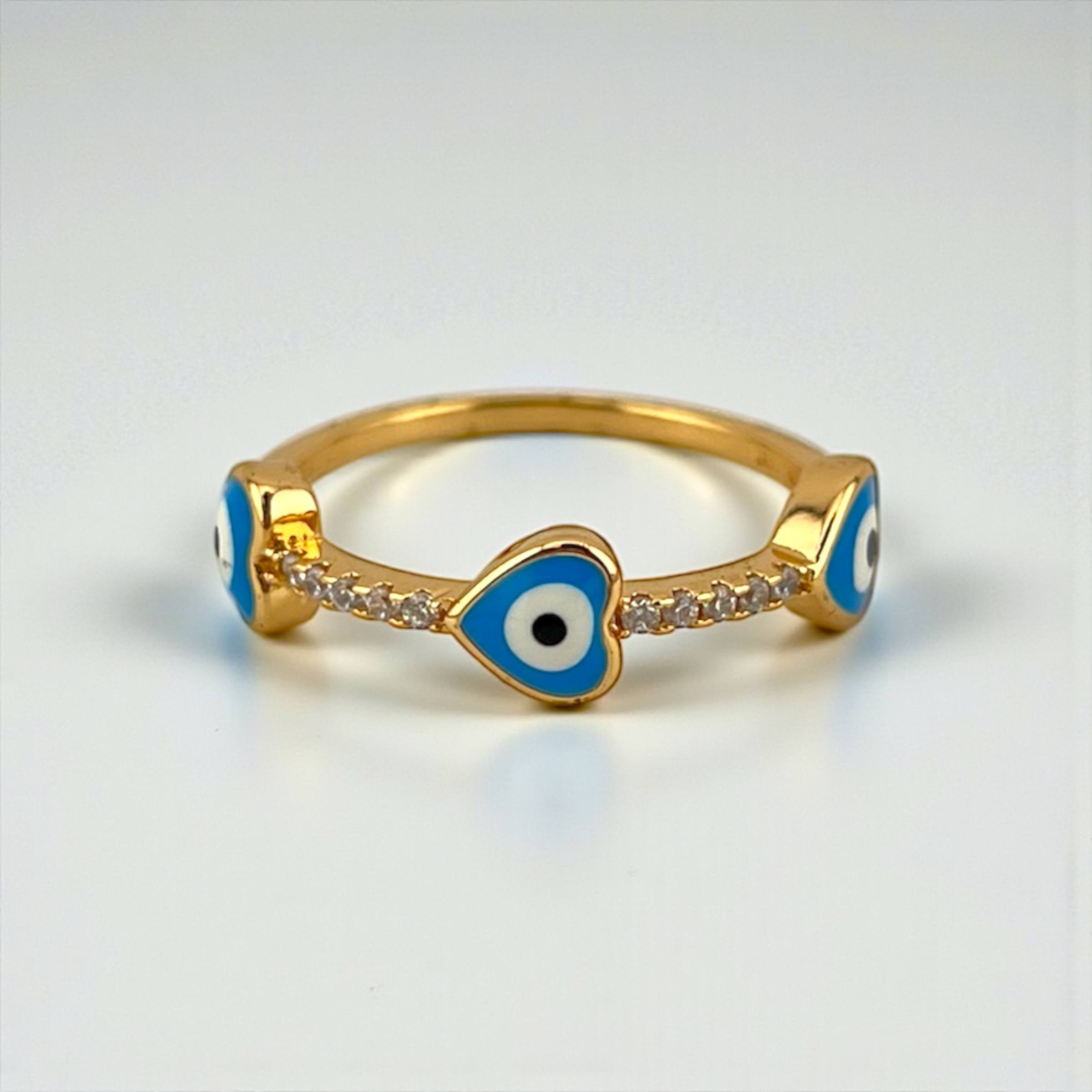 Trio Heart Eye Ring – Gold & Blue Enamel