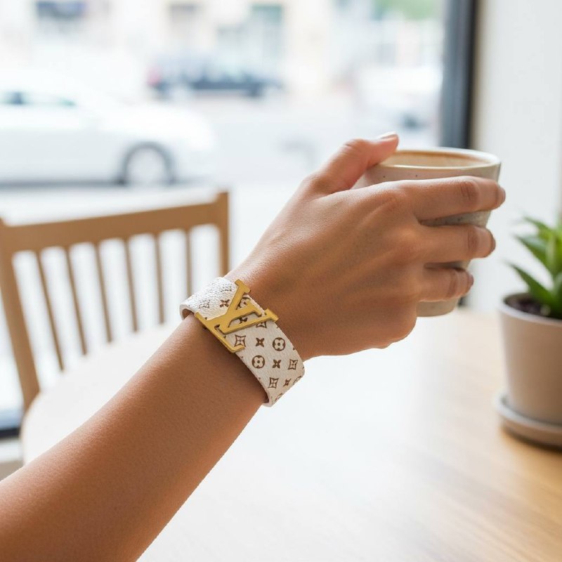 đ€ White Monogram Leather Bracelet with Gold Buckle | Unisex Statement Accessory