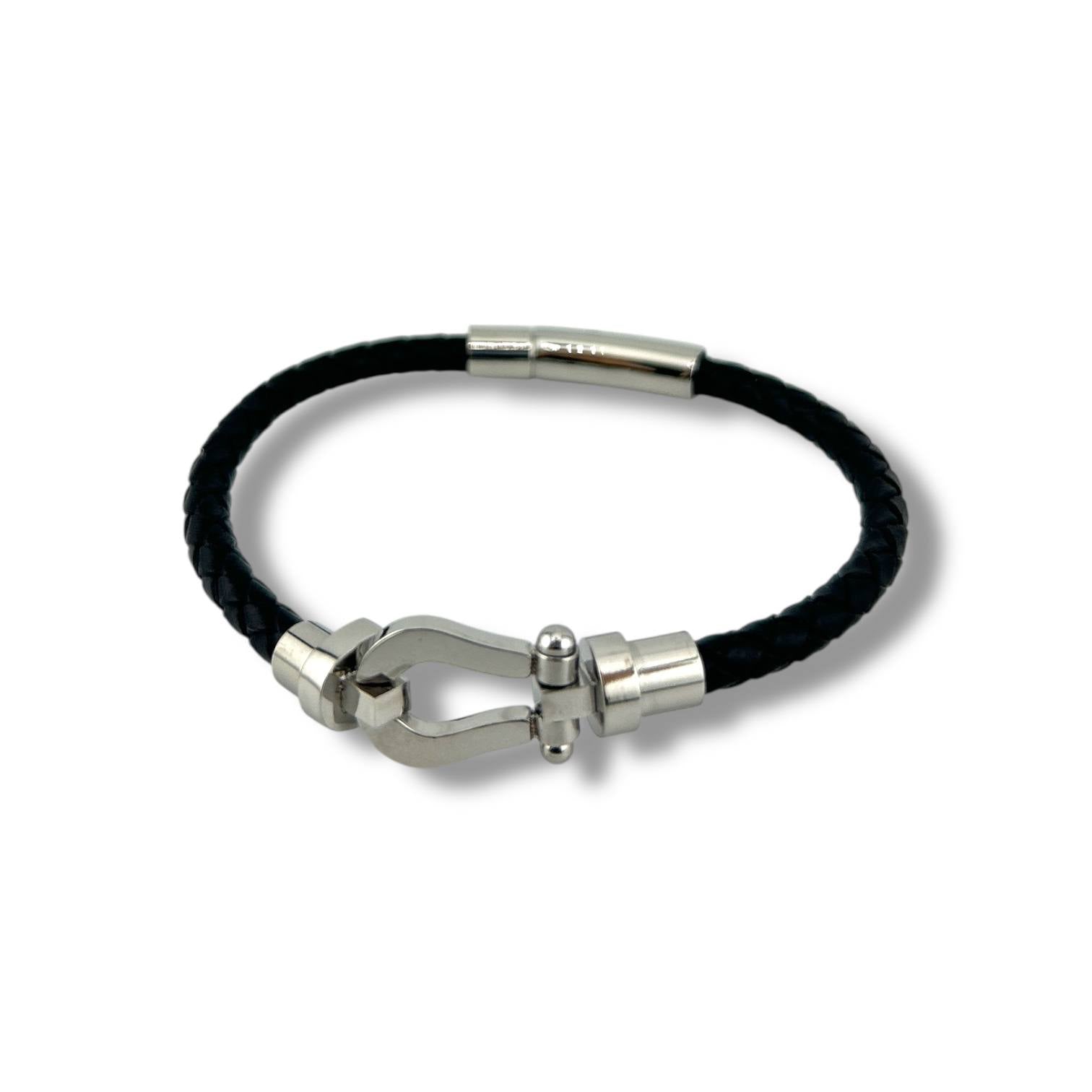 β Black Clasp Braided Leather Bracelet β Matte Steel Edition