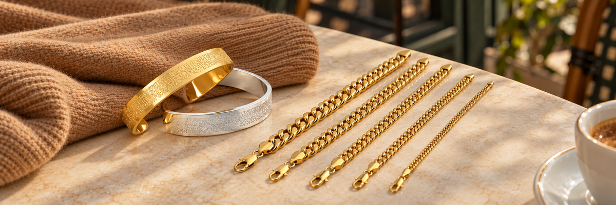 Poshewix For Men collection styled on a warm café table with camel knit