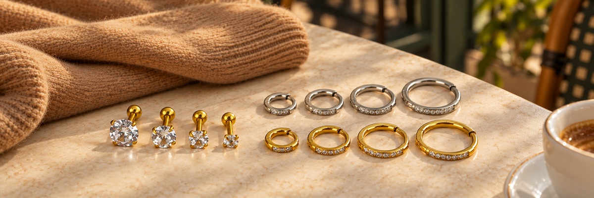 Poshewix Piercings collection styled on a warm café table with camel knit