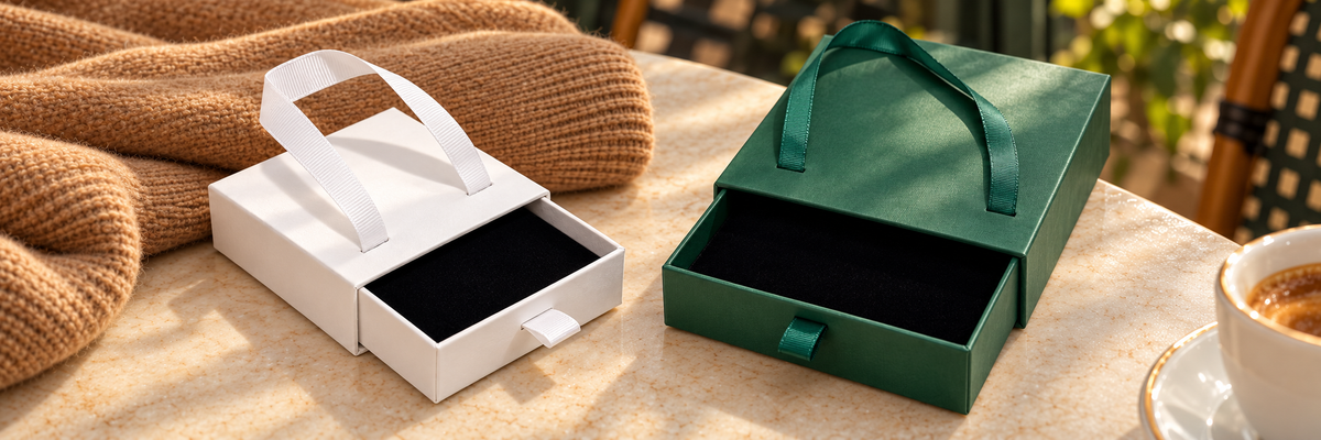 Poshewix Gift Boxes collection styled on a warm café table with camel knit