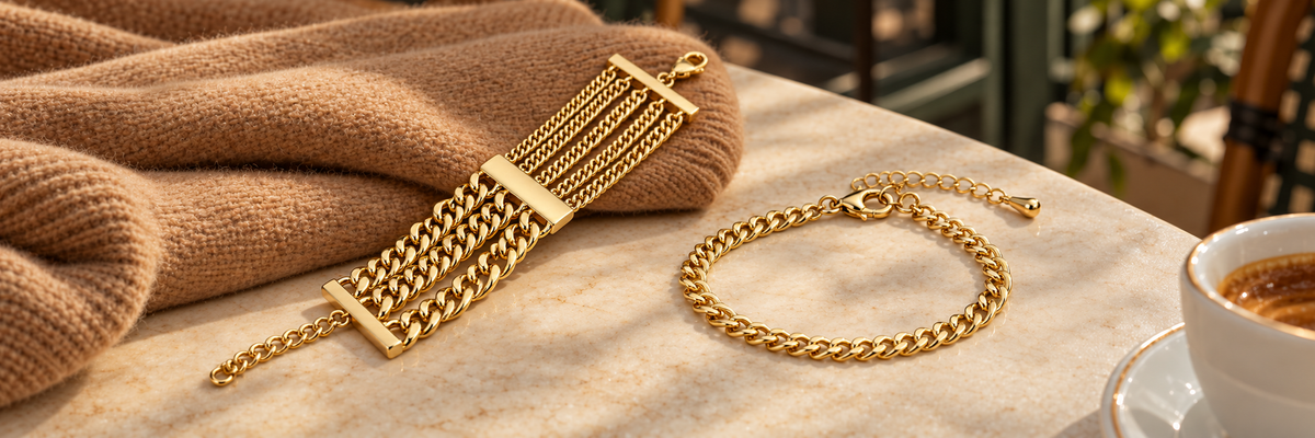 Poshewix All Products collection styled on a warm café table with camel knit