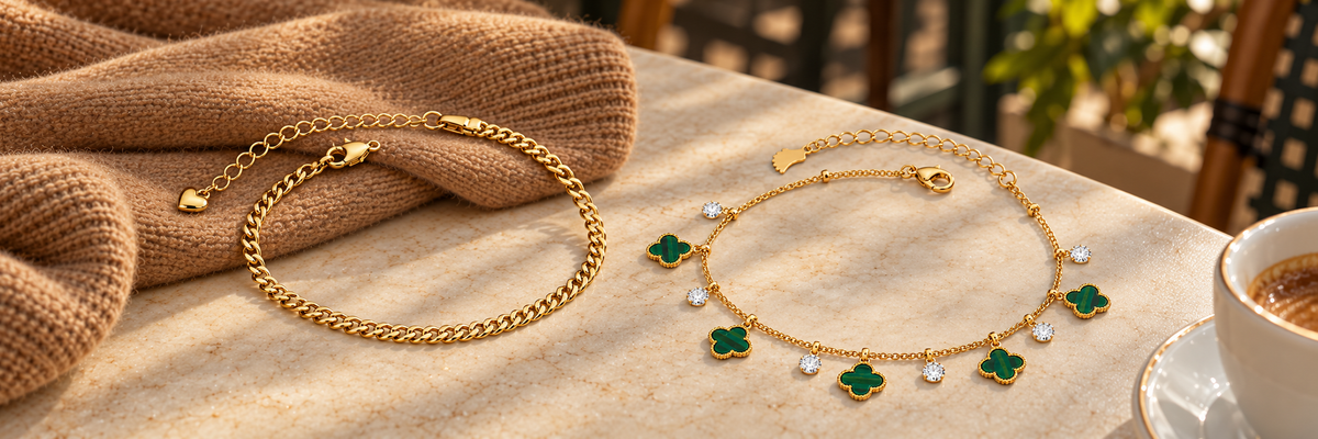 Poshewix Anklets collection styled on a warm café table with camel knit