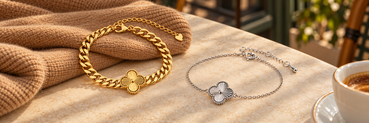 Poshewix Bracelets collection styled on a warm café table with camel knit