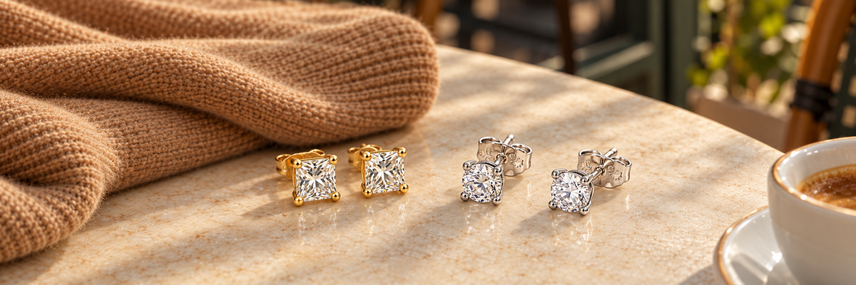 Poshewix Earrings collection styled on a warm café table with camel knit