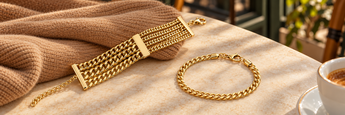 Poshewix Gold Plated collection styled on a warm café table with camel knit