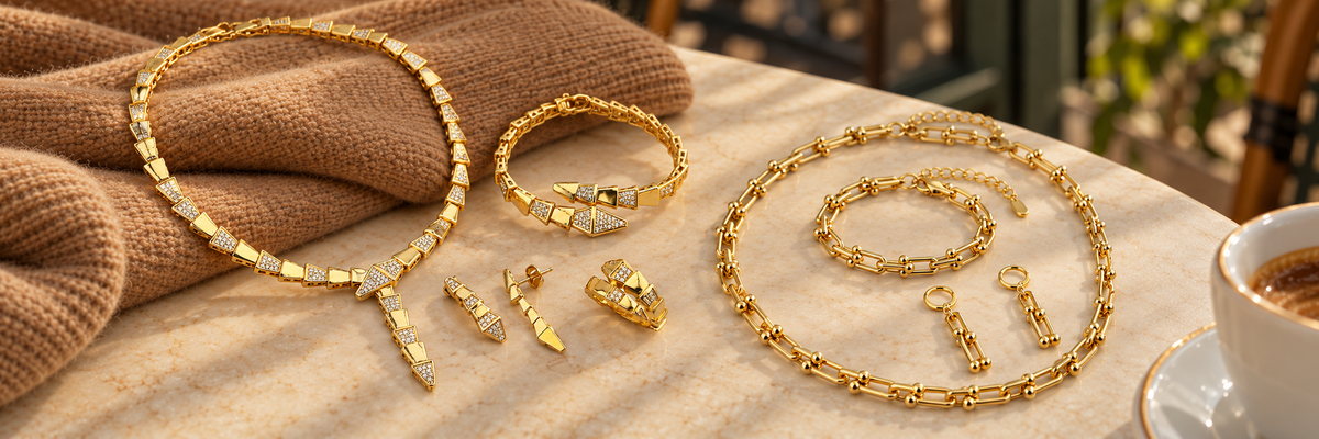 Poshewix Jewelry Sets collection styled on a warm café table with camel knit