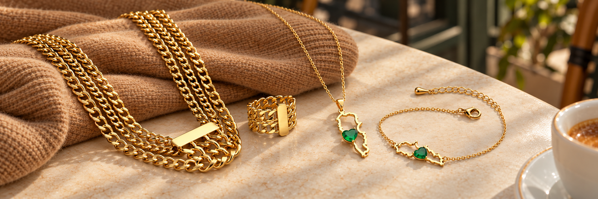 Poshewix Loved Together collection styled on a warm café table with camel knit