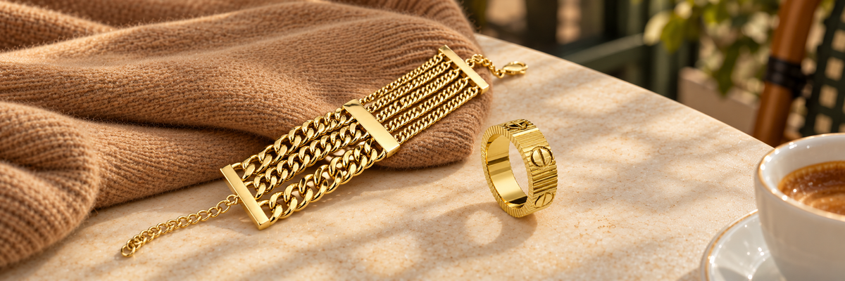 Poshewix Mother’s Day Collection collection styled on a warm café table with camel knit