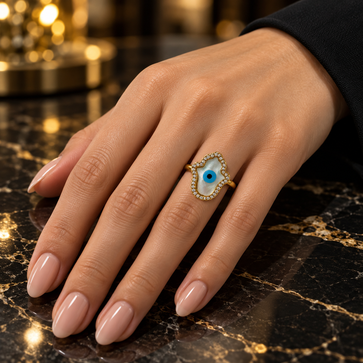 Hamsa Evil Eye Gold Ring – & Mother of Pearl(Free size)