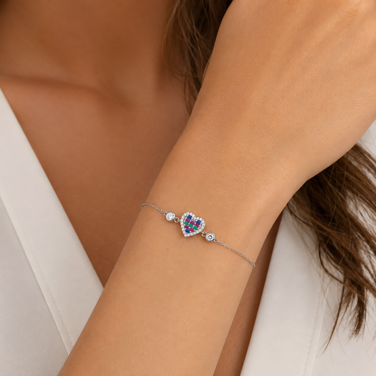 silver 925 Rainbow Heart Crystal Bracelet ✨