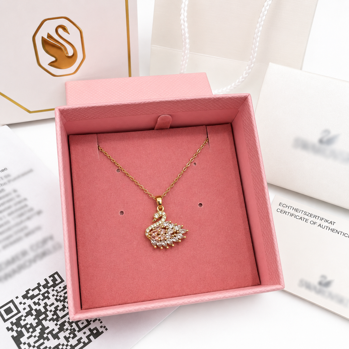 Swan necklace with pink authentic package