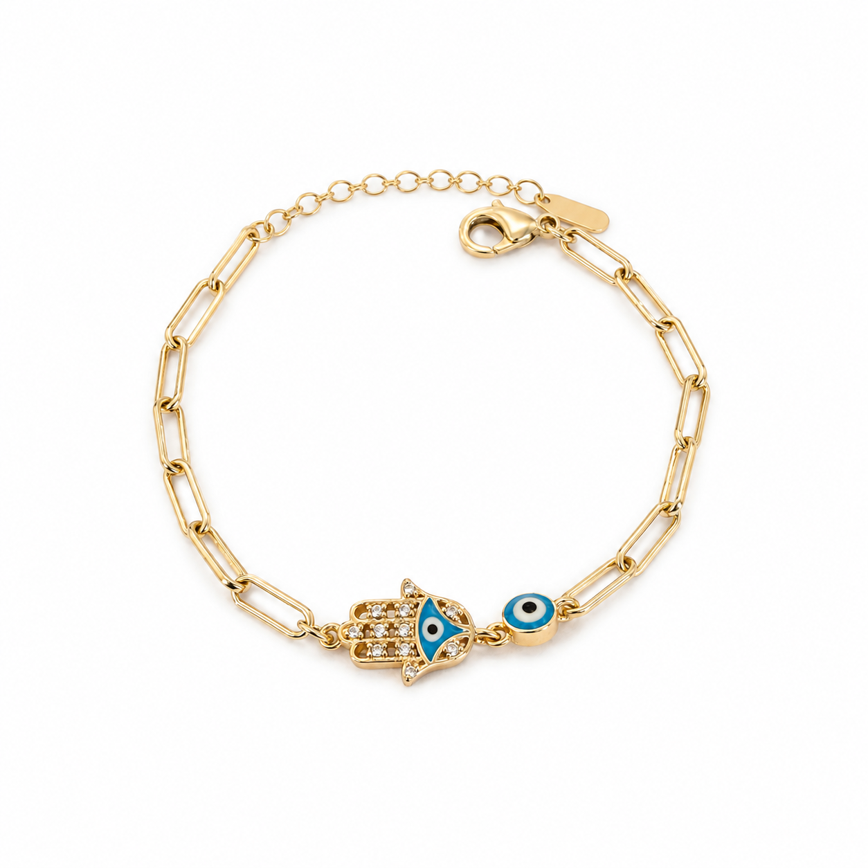 Hamsa & Evil Eye Paperclip Bracelet