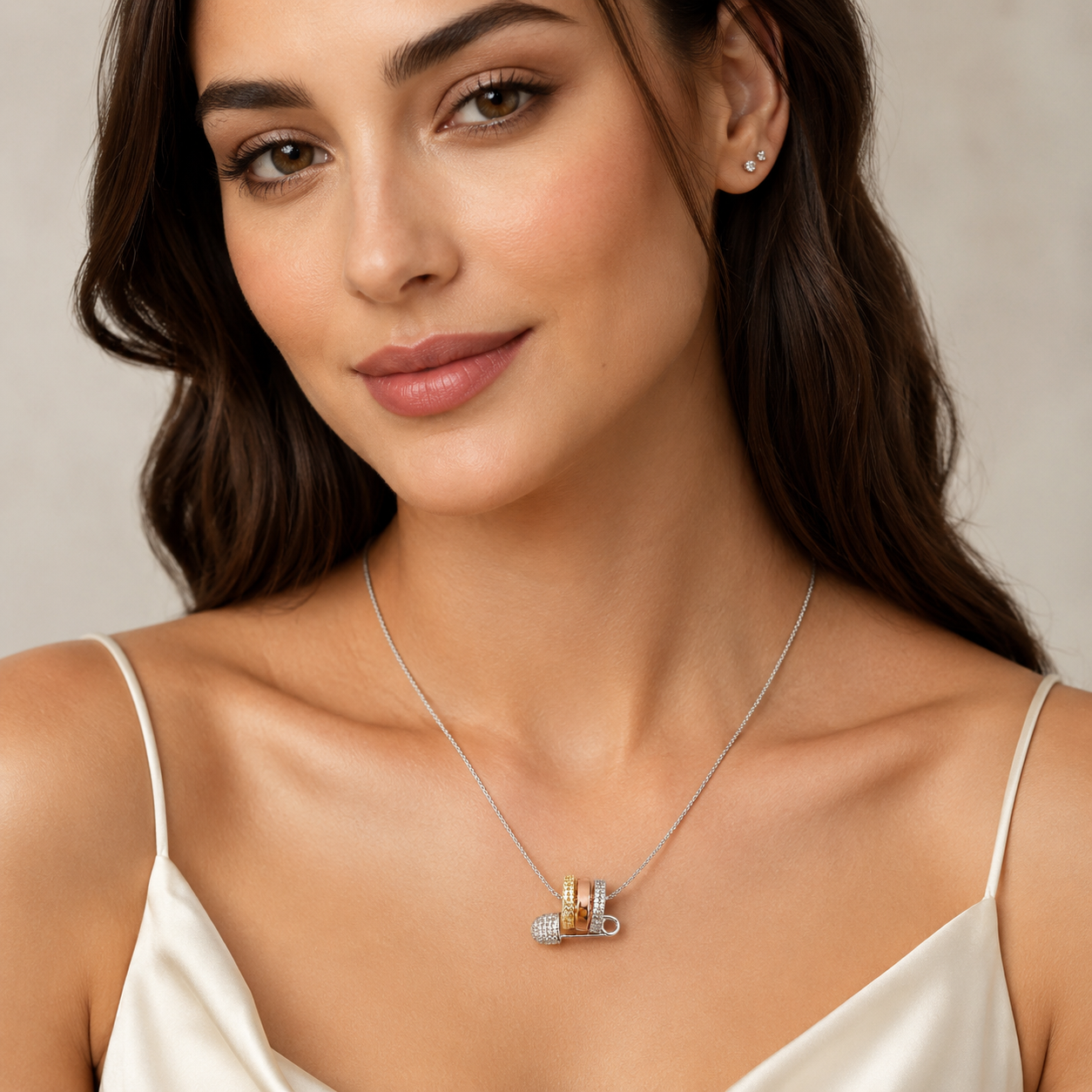 MONACO Necklace - Love, Smile, Bonheur Triple Hoop safety Pin Necklace