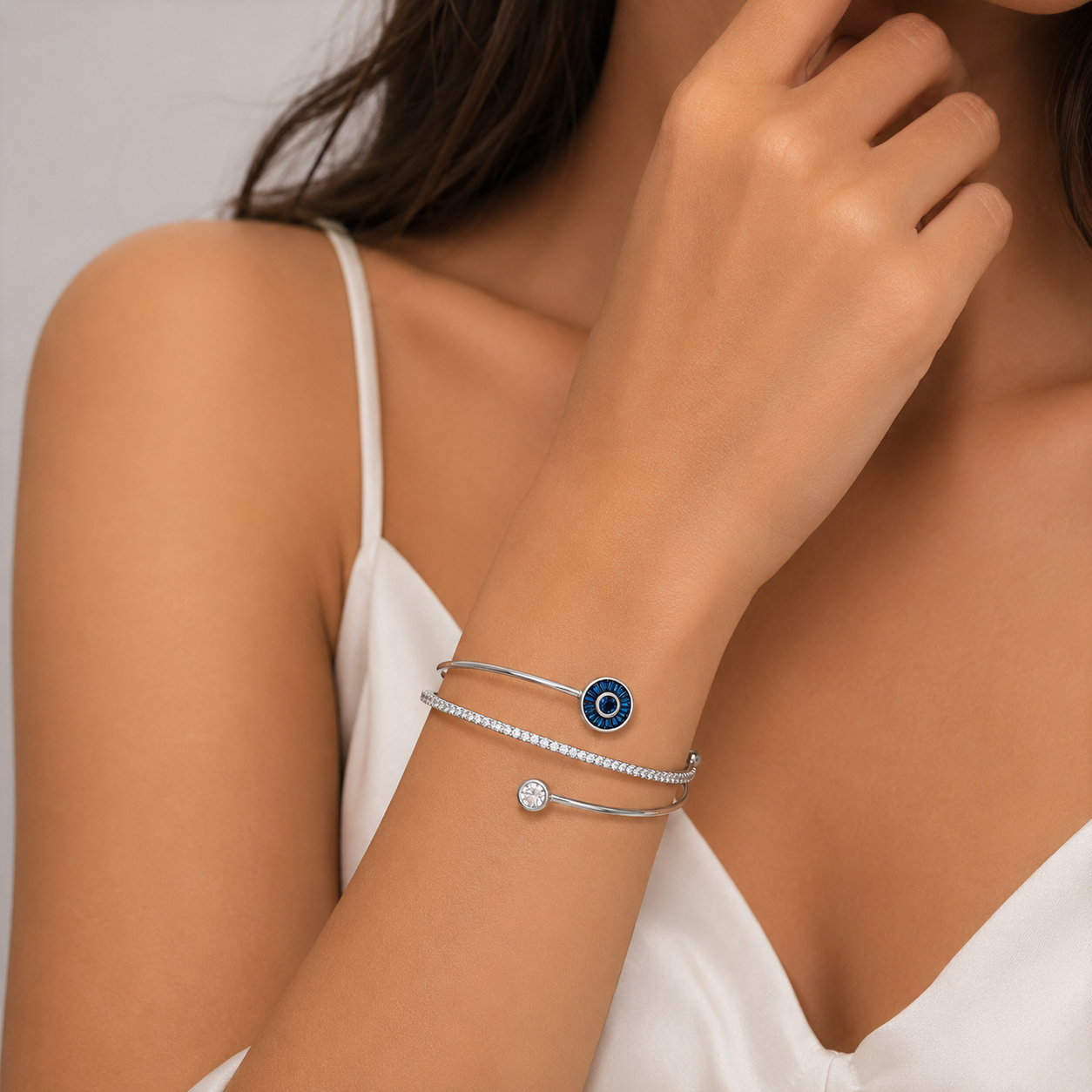 Silver Double-Band Bracelet – Blue Evil Eye & Crystal Charm 💙✨