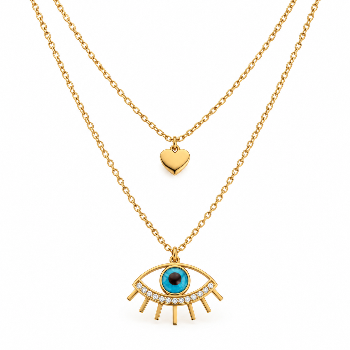 S.steel Double Layer Heart & Evil Eye Necklace