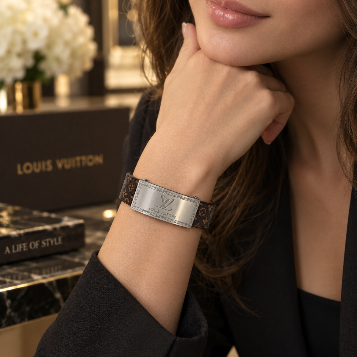 Monogram Leather Bracelet with Silver Plate – Unisex
