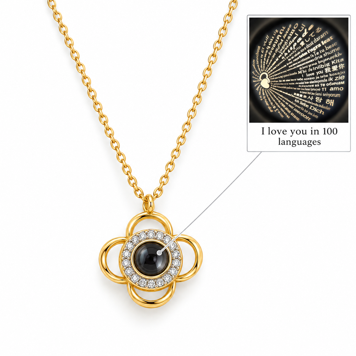 "I Love You" in 100 languages Flower Projection Necklace – 18K Gold-Plated