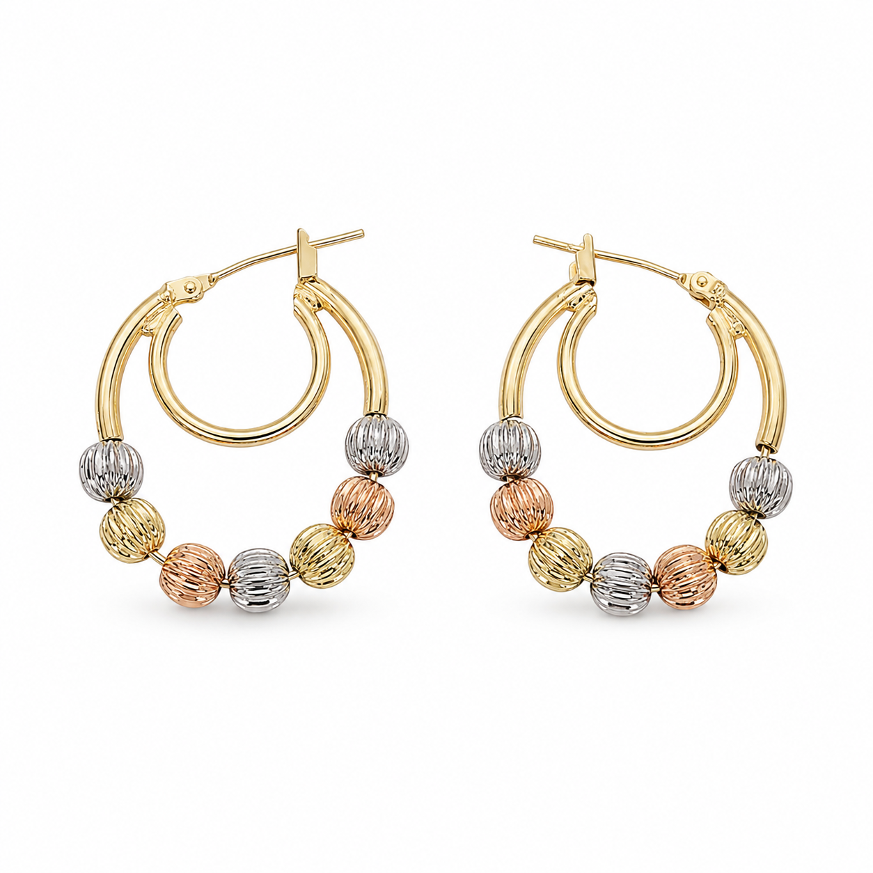 ✨ Multi-Tone Beaded Hoop Earrings – Gold, Silver & Rose Gold Plated